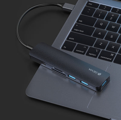 Adapteris Devia Leopard HUB 5 In 1 iš Type-C į USB 3*3 į microSD į Type-C pilkas