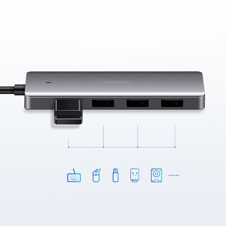 USB šakotuvas Ugreen CM219 USB-C to 4xUSB-A (USB-C Power Supply) pilkas