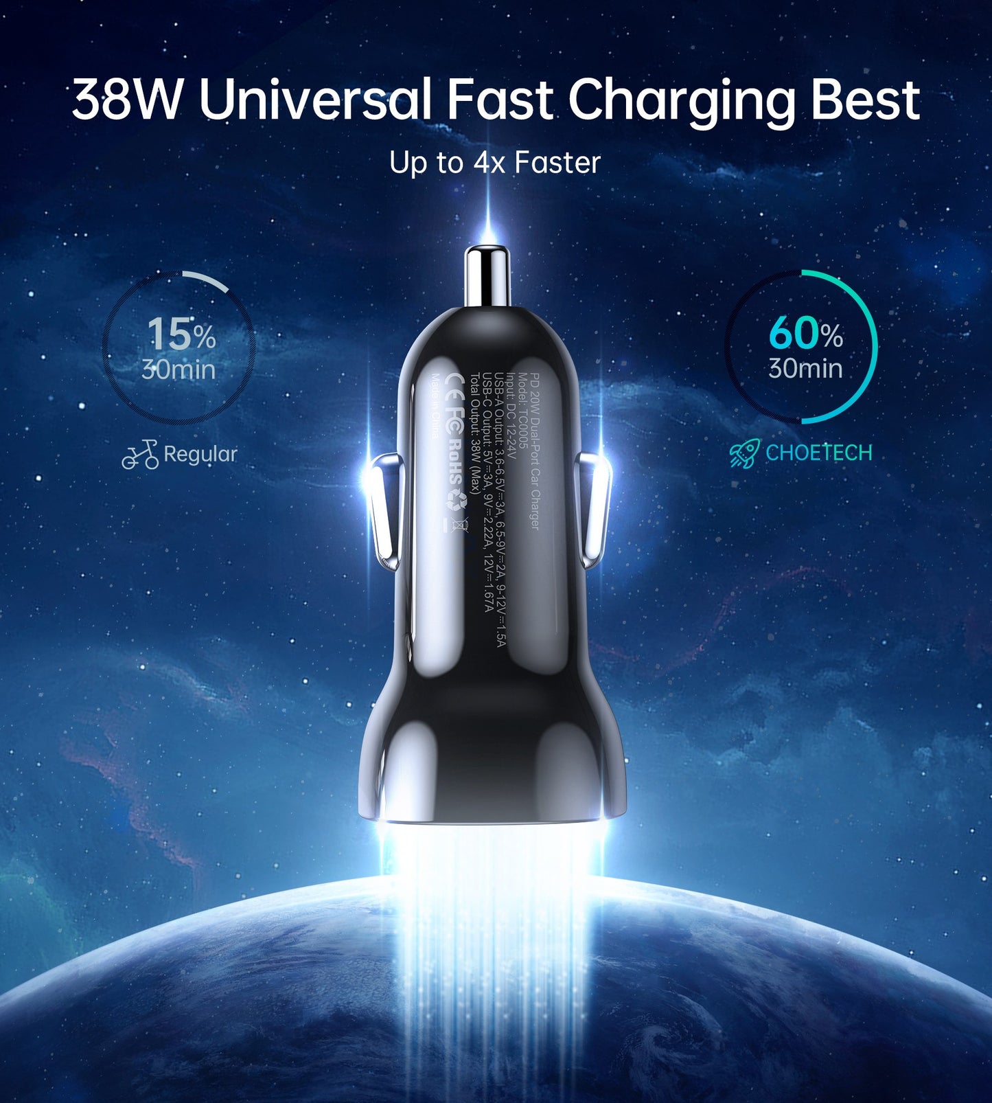 Automobilinis įkroviklis Choetech TC0005 USB-C/USB-A 36W juodas