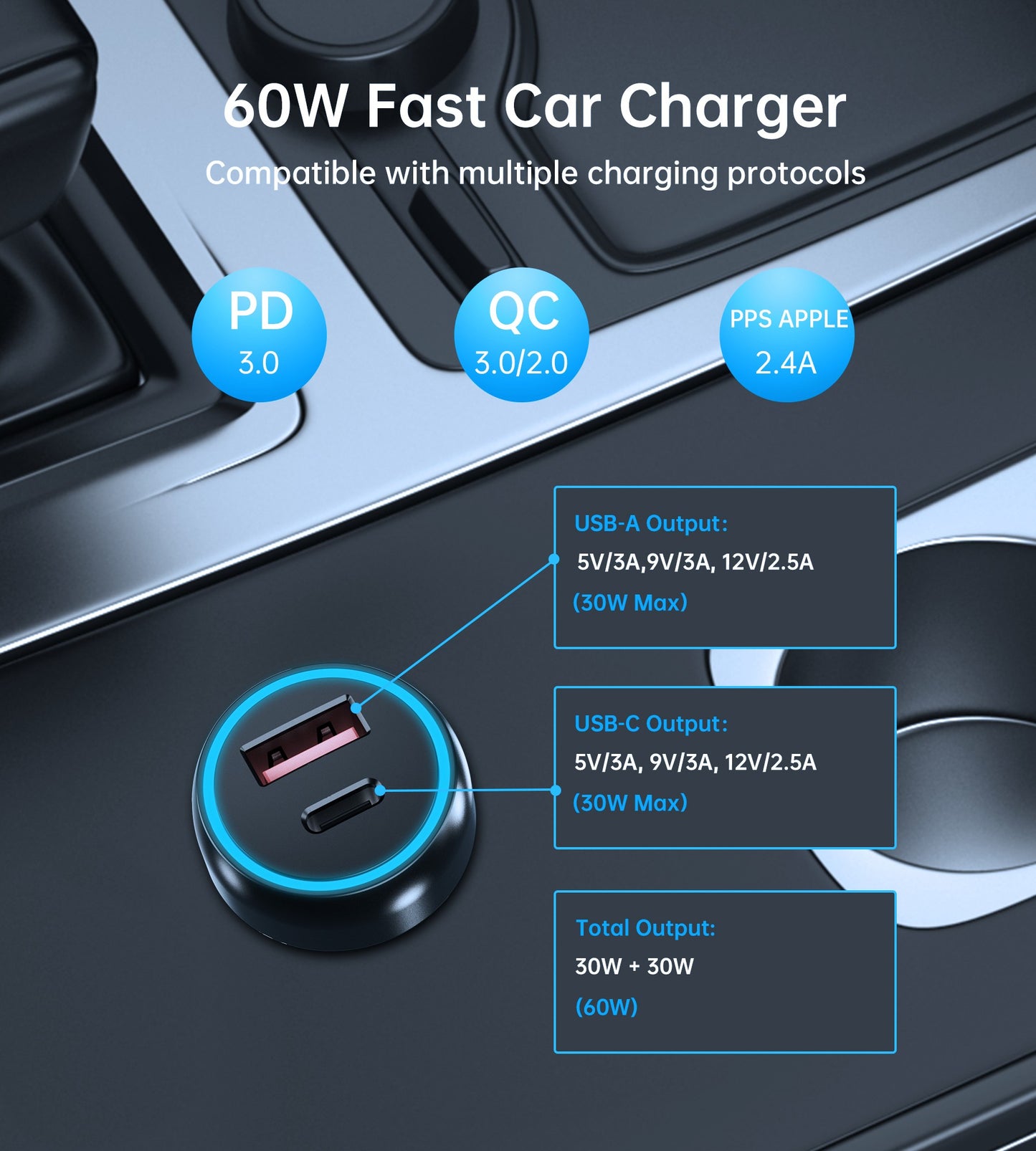 Automobilinis įkroviklis Choetech TC0014 USB-C/USB-A 60W juodas