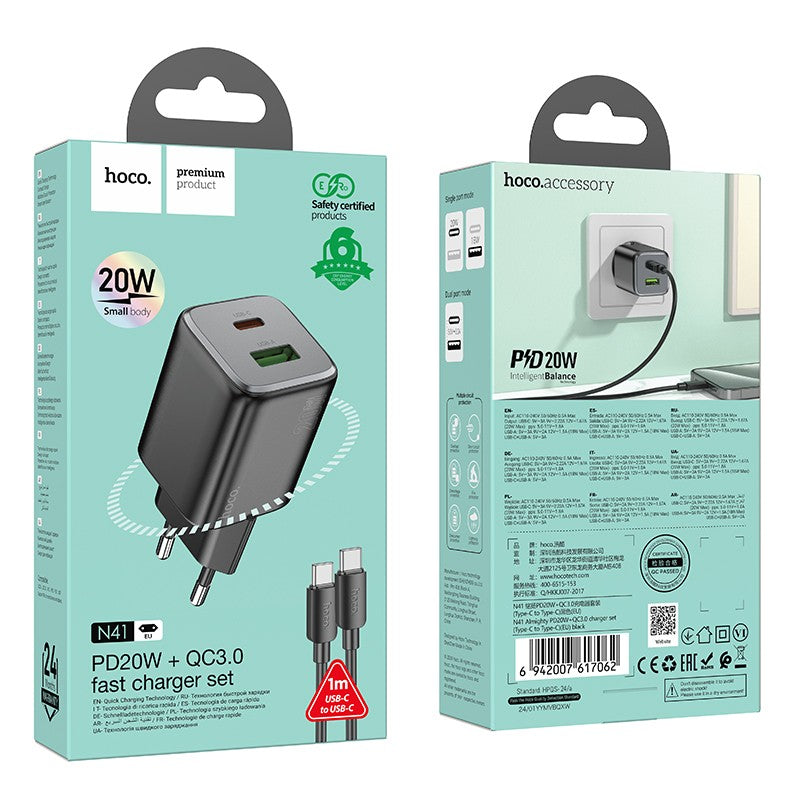 Įkroviklis Hoco N41 USB-A/USB-C PD20W+QC3.0 + USB-C to USB-C cable 1.0m juodas