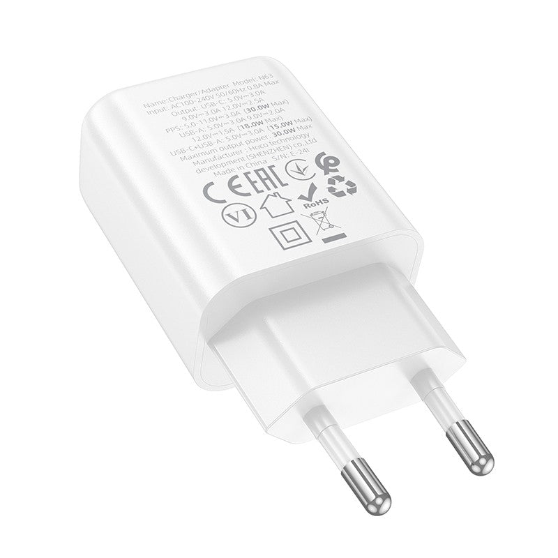 Įkroviklis Hoco N63 30W GaN USB-C/USB-A baltas