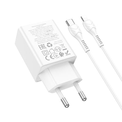Įkroviklis Hoco N71 30W GaN USB-C/USB-A + USB-C to Lightning cable 1.0m baltas