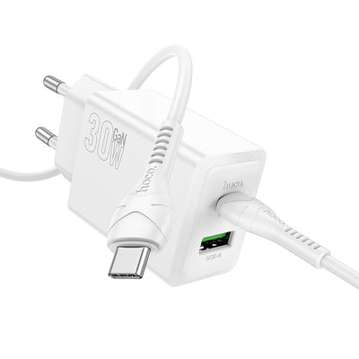 Įkroviklis Hoco N71 30W GaN USB-C/USB-A + USB-C to USB-C cable 1.0m baltas
