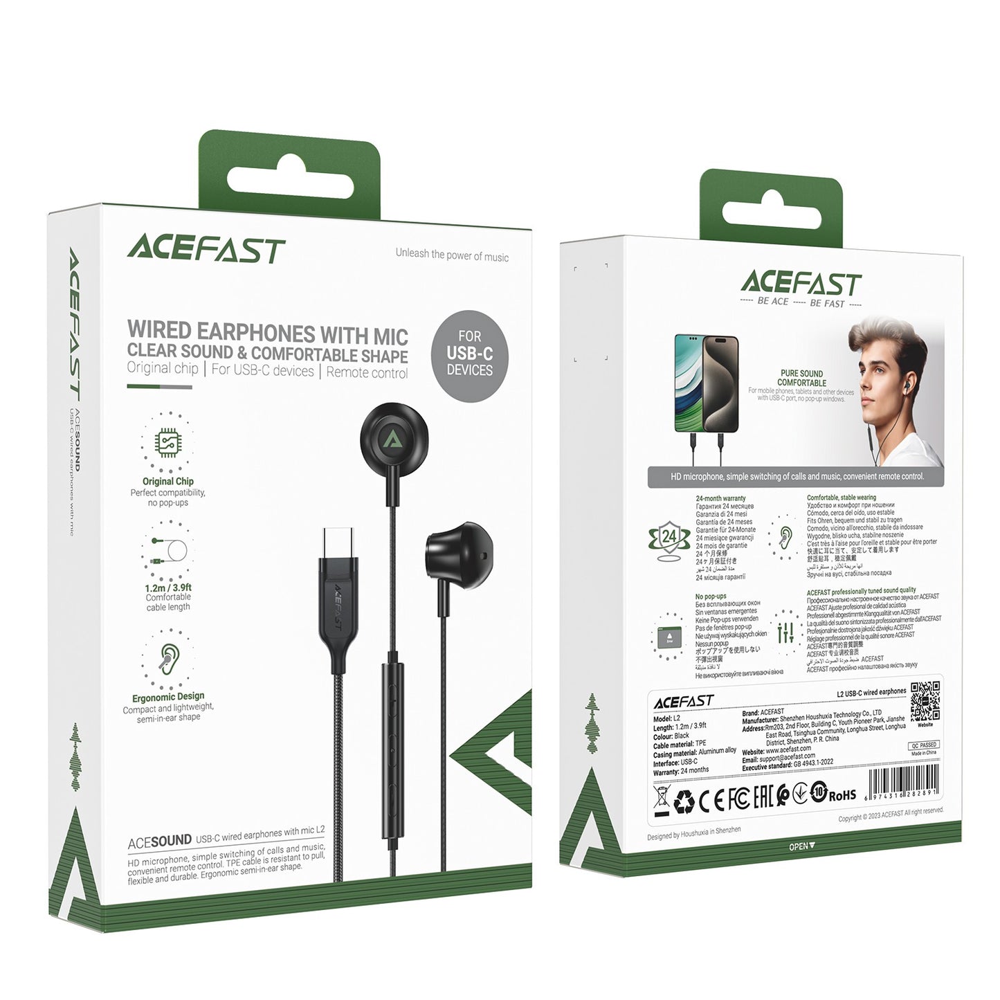 Ausinės Acefast L2 USB-C juodos