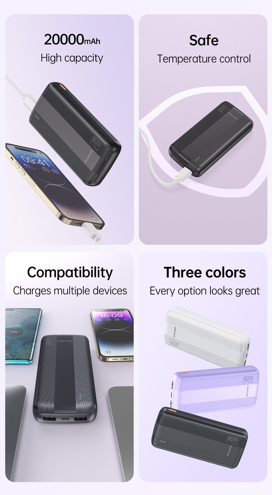 Išorinė baterija Power Bank Awei P19K 5V/2.4A 20000mAh juoda