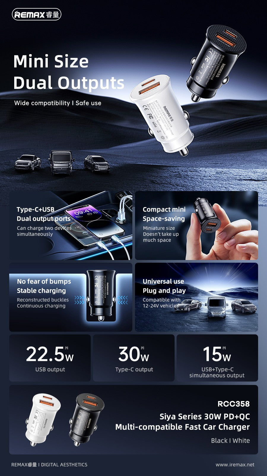 Automobilinis įkroviklis Remax RCC358 30W USB-C/USB-A juodas