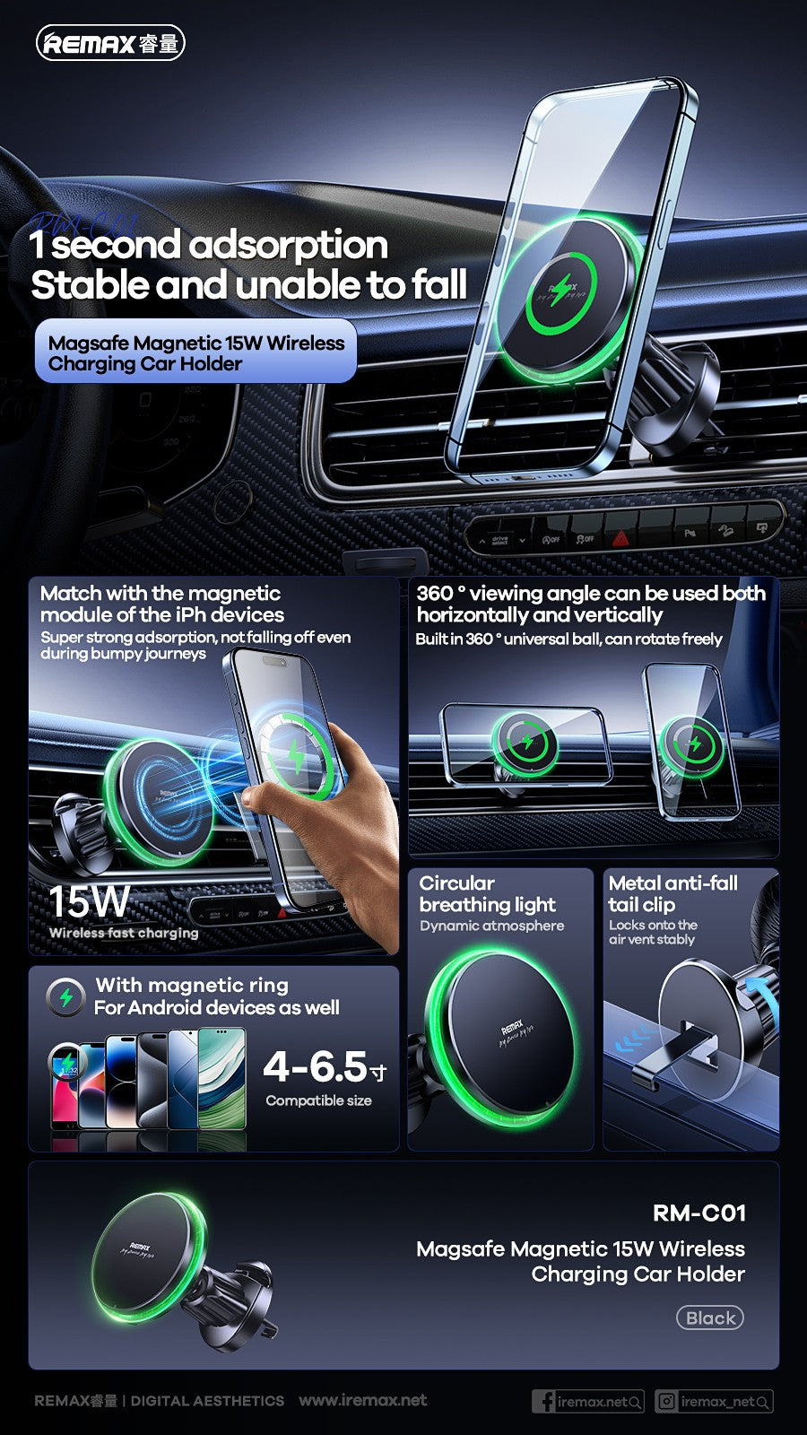 Automobilinis laikiklis-įkroviklis Remax RM-C01 MagSafe 15W juodas