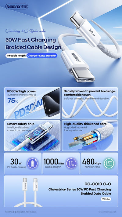 USB kabelis Remax RC-C010 USB-C to USB-C 30W 1.0m baltas