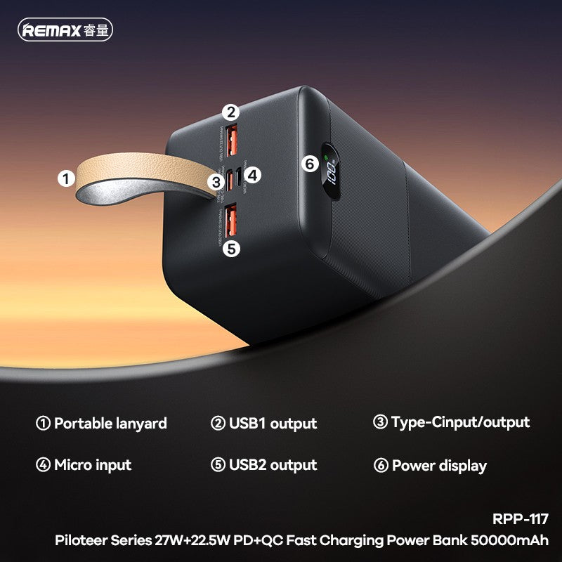 Išorinė baterija Power Bank Remax RPP-117 22.5W 50000mAh juoda