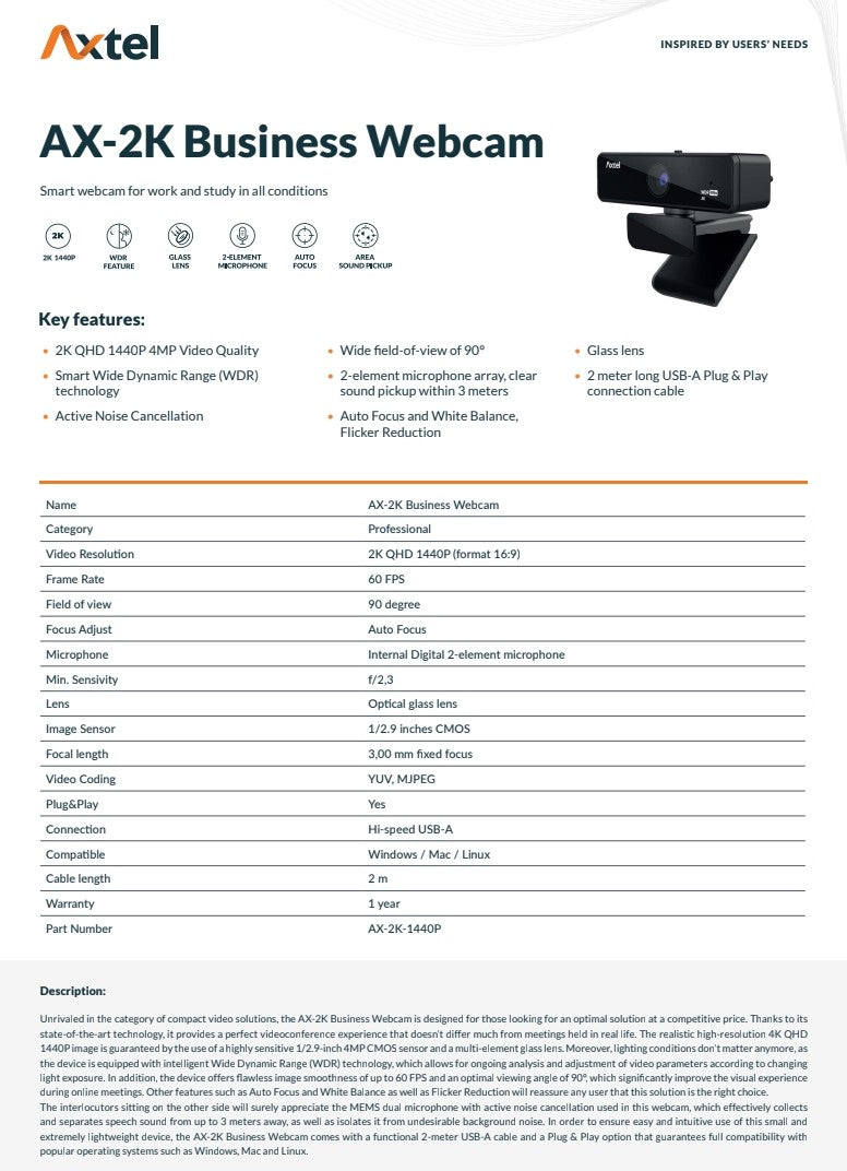 WEB kamera Axtel AX-2K Business Webcam