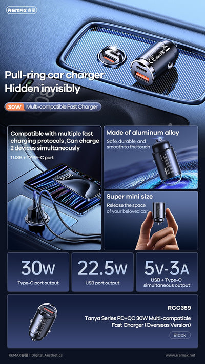 Automobilinis įkroviklis Remax RCC359 30W USB-C/USB-A juodas