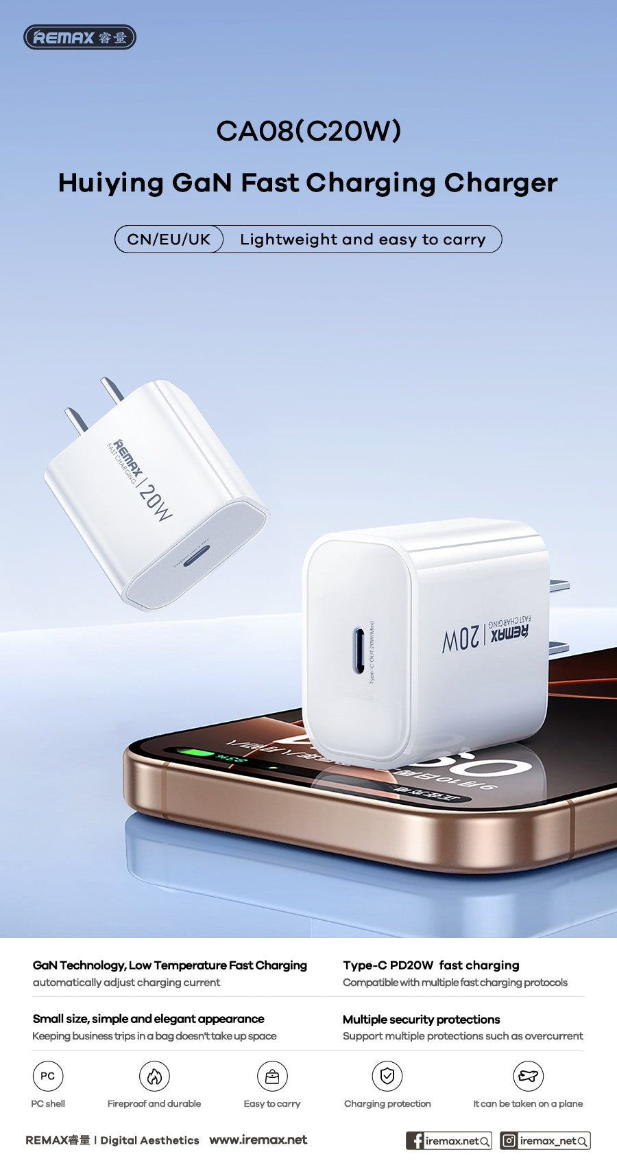 Įkroviklis Remax CA08 20W USB-C baltas