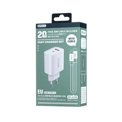Įkroviklis Remax RP-U120 20W USB-C/USB-A + USB-C to USB-C cable 1.0m baltas
