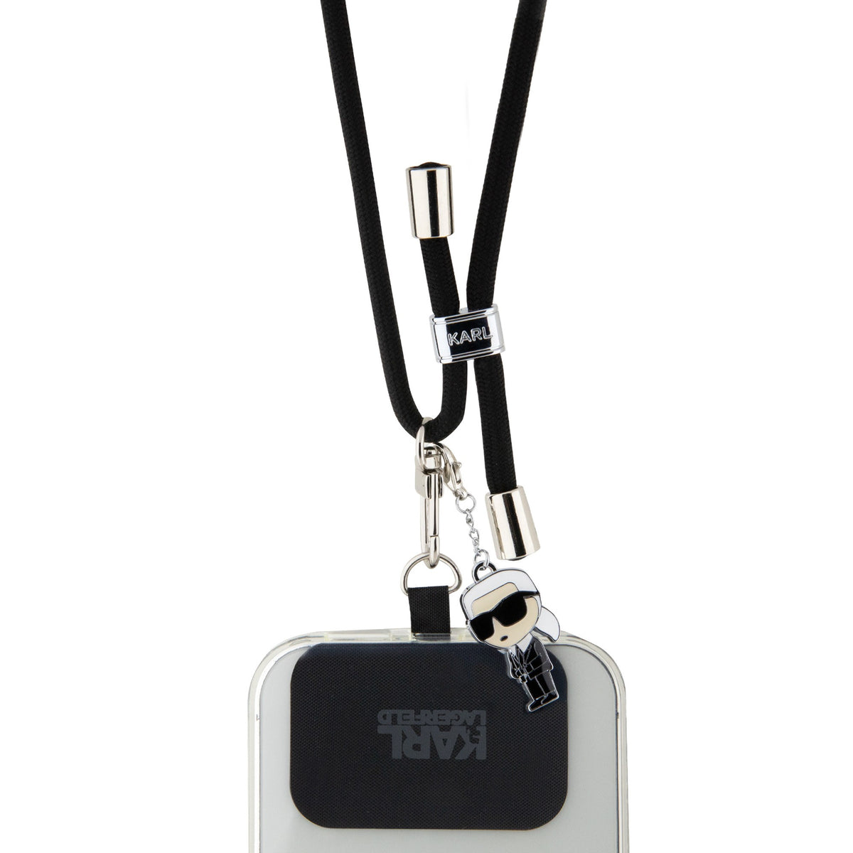 Dirželis telefonui Karl Lagerfeld Universal Crossbody Strap Cord and Ikonik Pins juodas