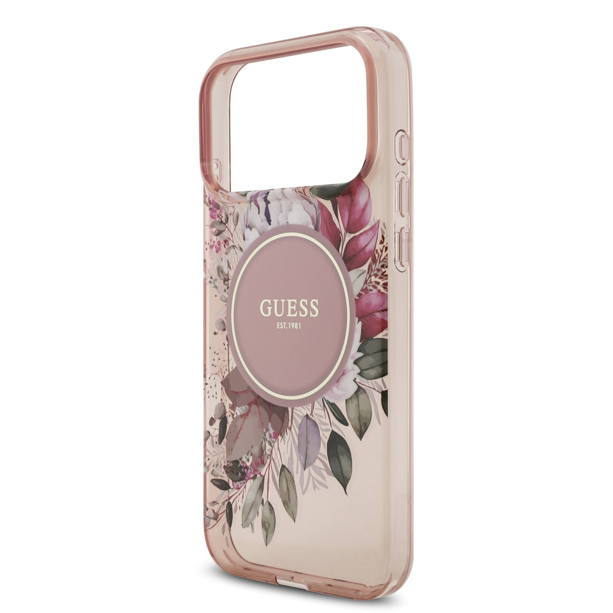 Dėklas Guess IML Flowers Strap MagSafe Apple iPhone 17 Pro Max rožinis