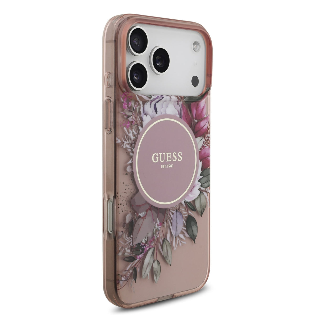 Dėklas Guess IML Flowers Strap MagSafe Apple iPhone 17 Pro Max rožinis