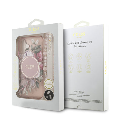Dėklas Guess IML Flowers Strap MagSafe Apple iPhone 17 rožinis