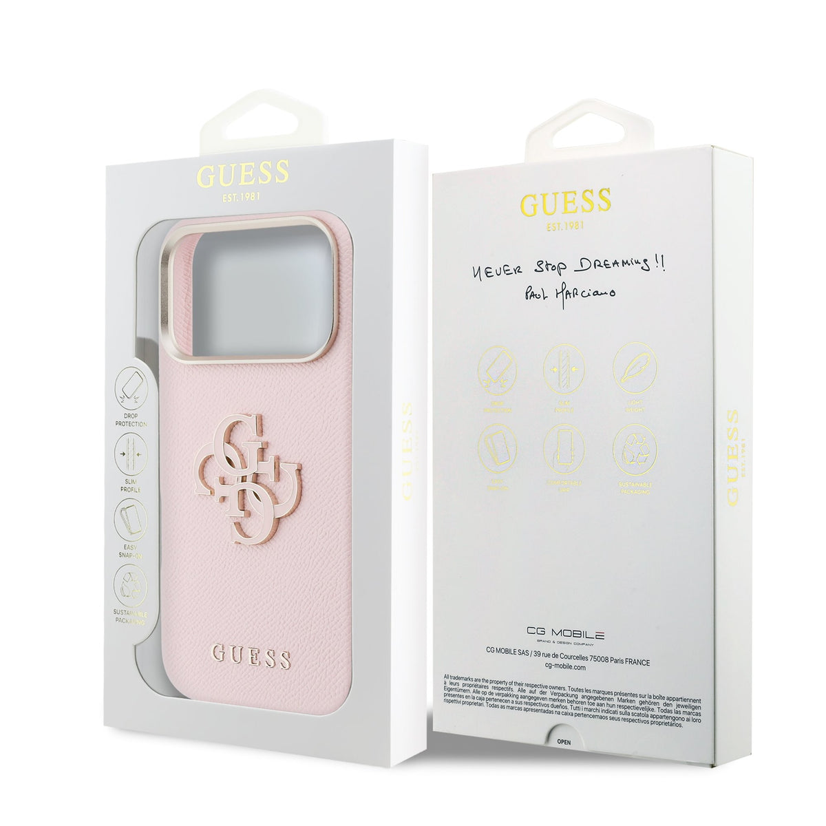 Dėklas Guess PU Grained 4G Resin Metal Logo Apple iPhone 17 Pro Max rožinis