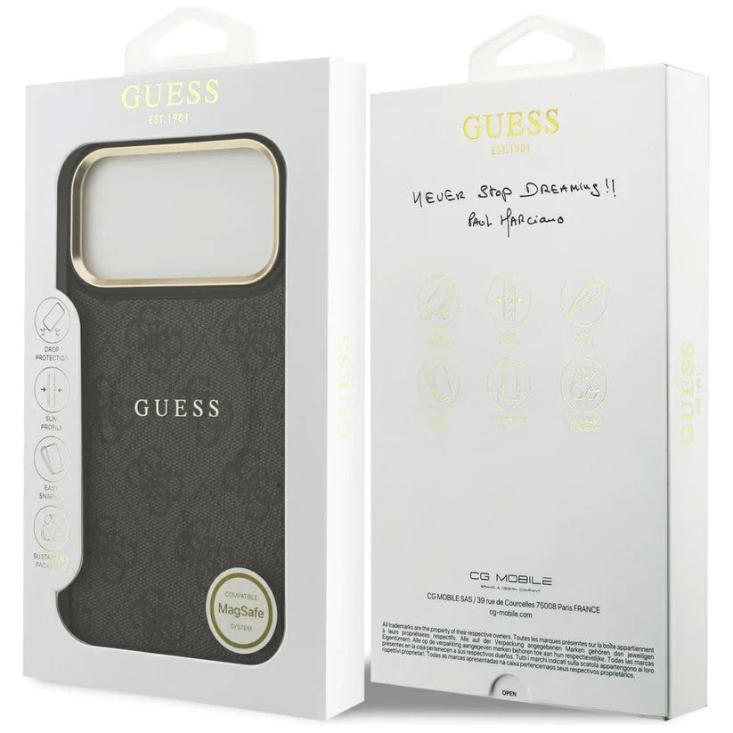 Dėklas Guess PU Leather 4G Gold Frame MagSafe Apple iPhone 17 Pro juodas