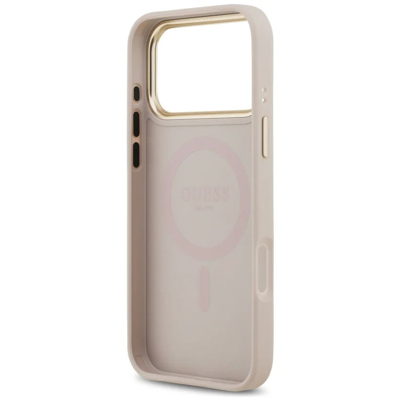 Dėklas Guess PU Leather 4G Gold Frame MagSafe Apple iPhone 17 Pro Max rožinis