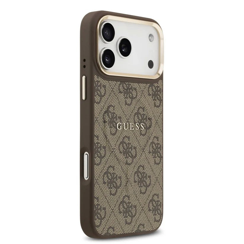Dėklas Guess PU Leather 4G Gold Frame MagSafe Apple iPhone 17 Pro Max rudas