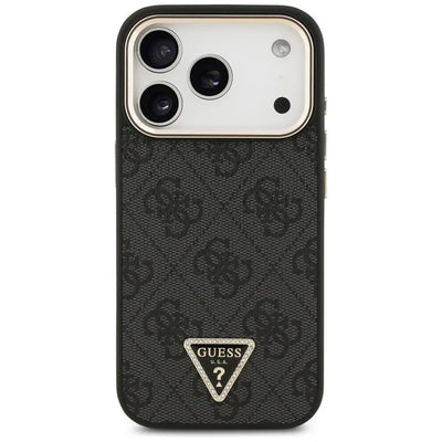 Dėklas Guess PU Leather 4G Strass Triangle Logo Gold Frame MagSafe Apple iPhone 17 Pro Max juodas