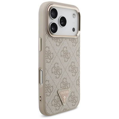 Dėklas Guess PU Leather 4G Strass Triangle Logo Gold Frame MagSafe Apple iPhone 17 Pro rožinis