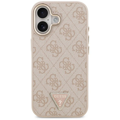 Dėklas Guess PU Leather 4G Strass Triangle Logo Gold Frame MagSafe Apple iPhone 17 rožinis