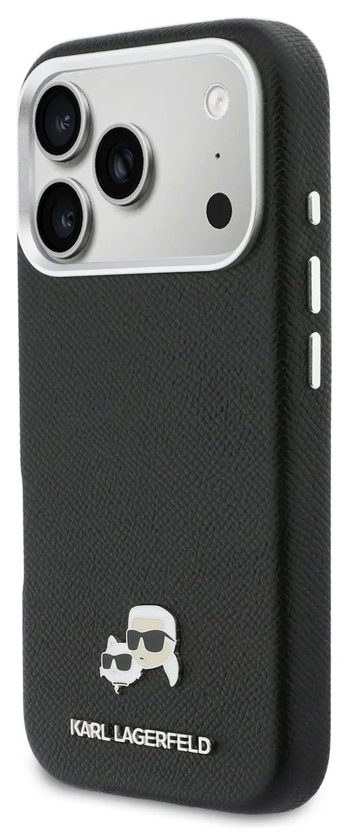 Dėklas Karl Lagerfeld PU Karl and Choupette Heads Pins MagSafe Apple iPhone 17 Pro juodas