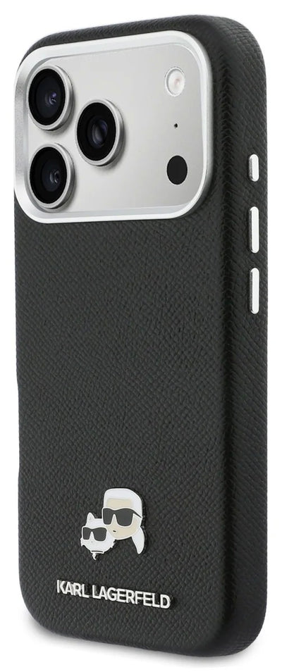 Dėklas Karl Lagerfeld PU Karl and Choupette Heads Pins MagSafe Apple iPhone 17 Pro juodas