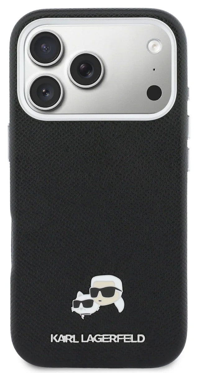 Dėklas Karl Lagerfeld PU Karl and Choupette Heads Pins MagSafe Apple iPhone 17 Pro juodas