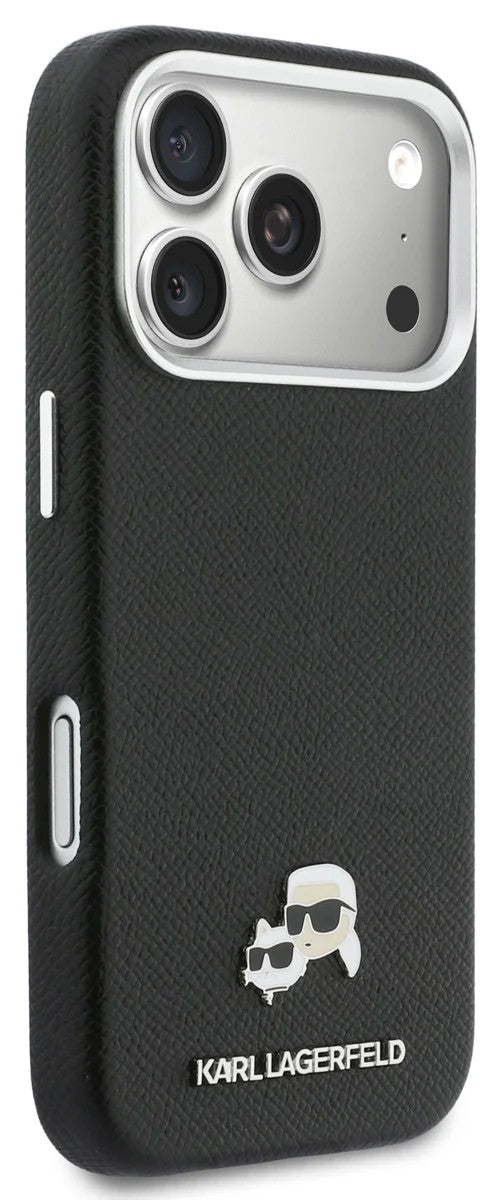 Dėklas Karl Lagerfeld PU Karl and Choupette Heads Pins MagSafe Apple iPhone 17 Pro juodas