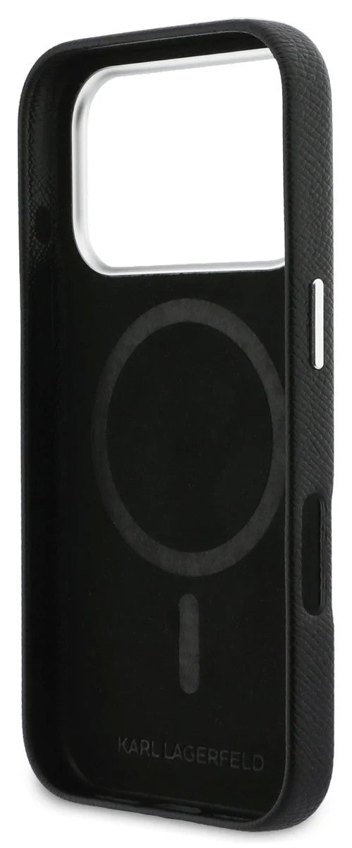 Dėklas Karl Lagerfeld PU Karl and Choupette Heads Pins MagSafe Apple iPhone 17 Pro juodas