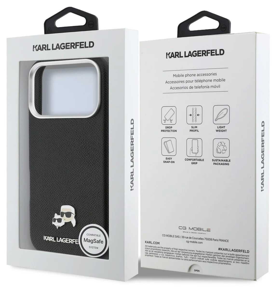 Dėklas Karl Lagerfeld PU Karl and Choupette Heads Pins MagSafe Apple iPhone 17 Pro juodas