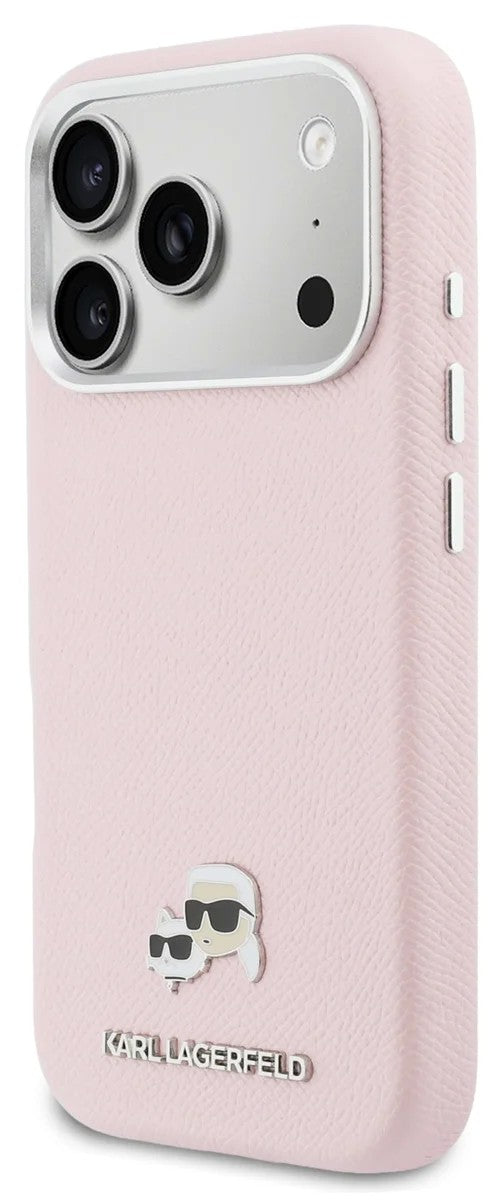 Dėklas Karl Lagerfeld PU Karl and Choupette Heads Pins MagSafe Apple iPhone 17 Pro Max rožinis