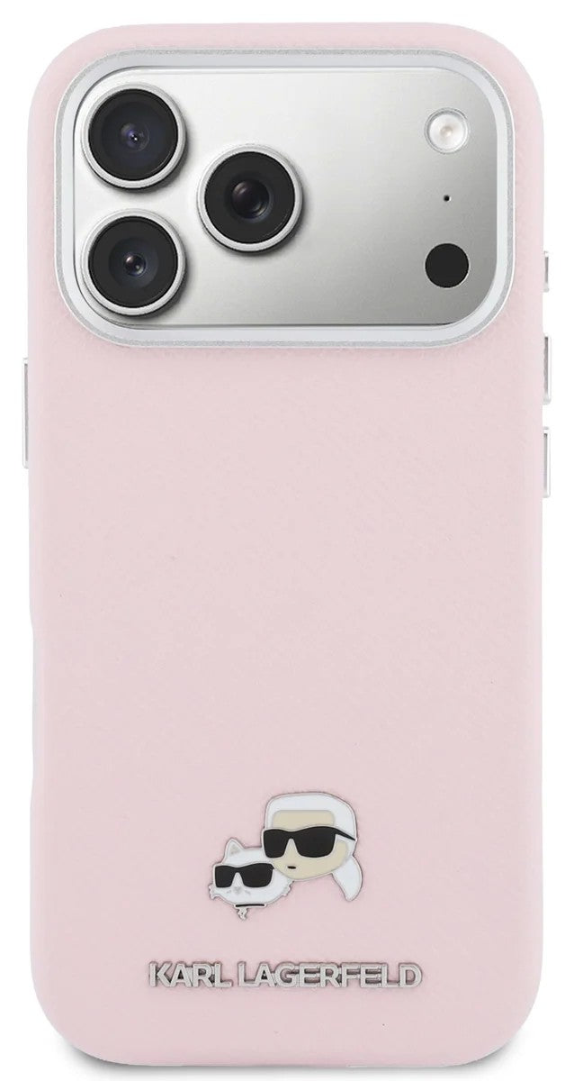 Dėklas Karl Lagerfeld PU Karl and Choupette Heads Pins MagSafe Apple iPhone 17 Pro Max rožinis