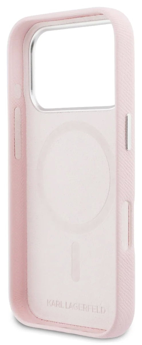 Dėklas Karl Lagerfeld PU Karl and Choupette Heads Pins MagSafe Apple iPhone 17 Pro Max rožinis
