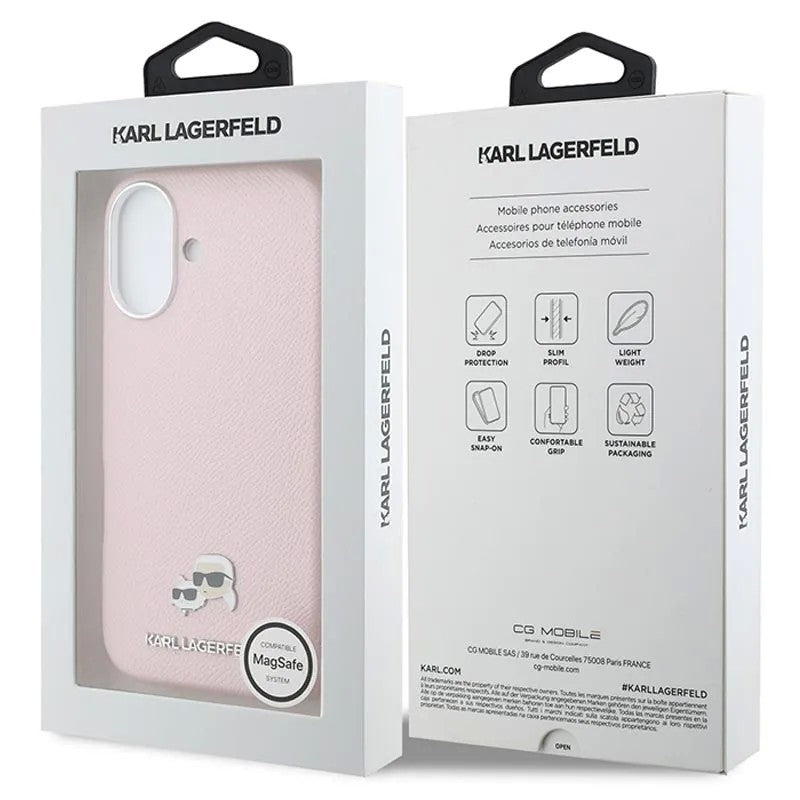 Dėklas Karl Lagerfeld PU Karl and Choupette Heads Pins MagSafe Apple iPhone 17 rožinis