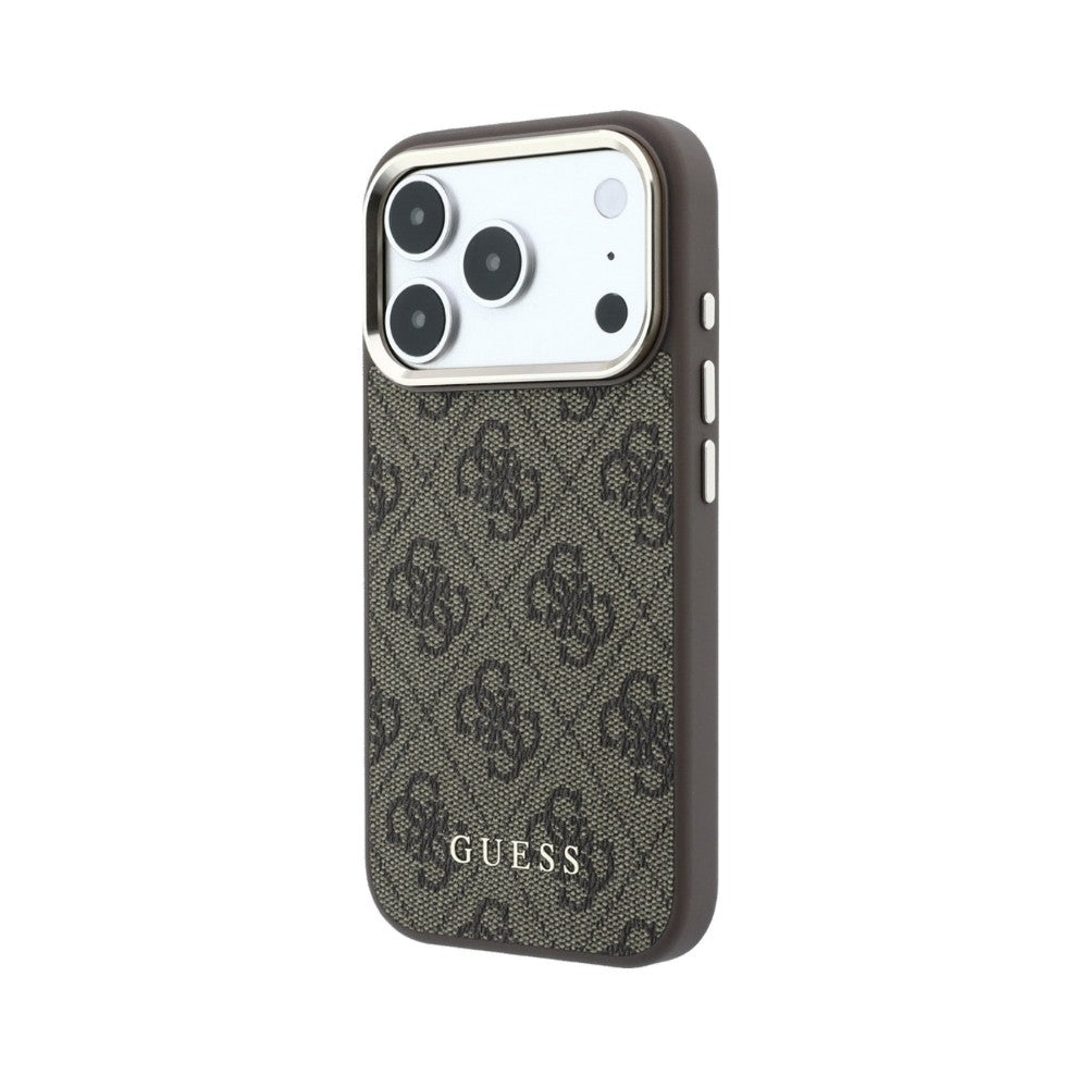 Dėklas Guess PU Leather 4G Gold Frame MagSafe Apple iPhone 18 Pro rudas