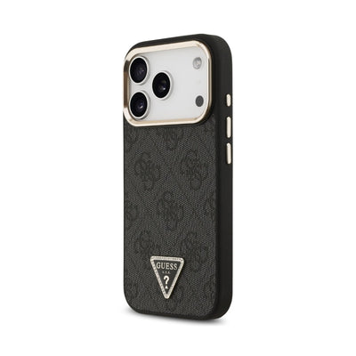 Dėklas Guess PU Leather 4G Strass Triangle Logo Gold Frame MagSafe Apple iPhone 18 Pro juodas