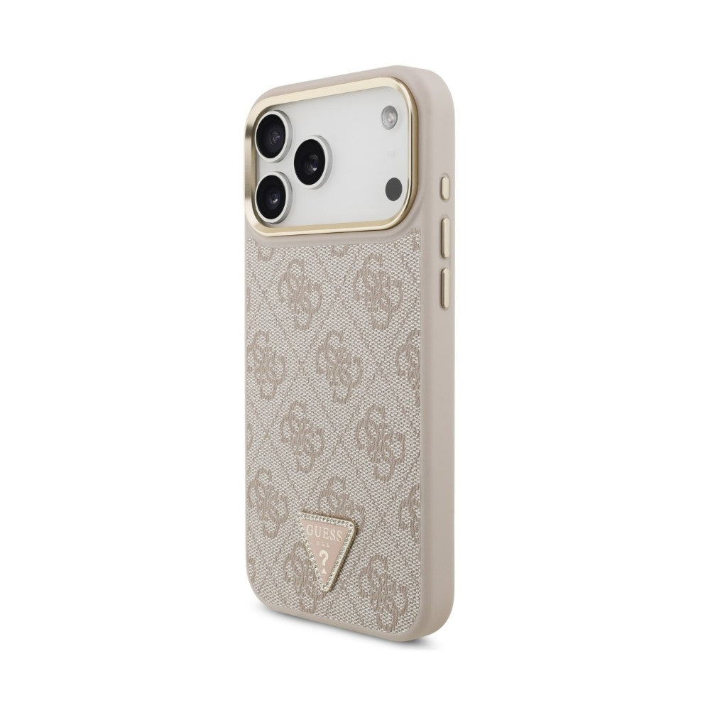 Dėklas Guess PU Leather 4G Strass Triangle Logo Gold Frame MagSafe Apple iPhone 18 Pro rožinis
