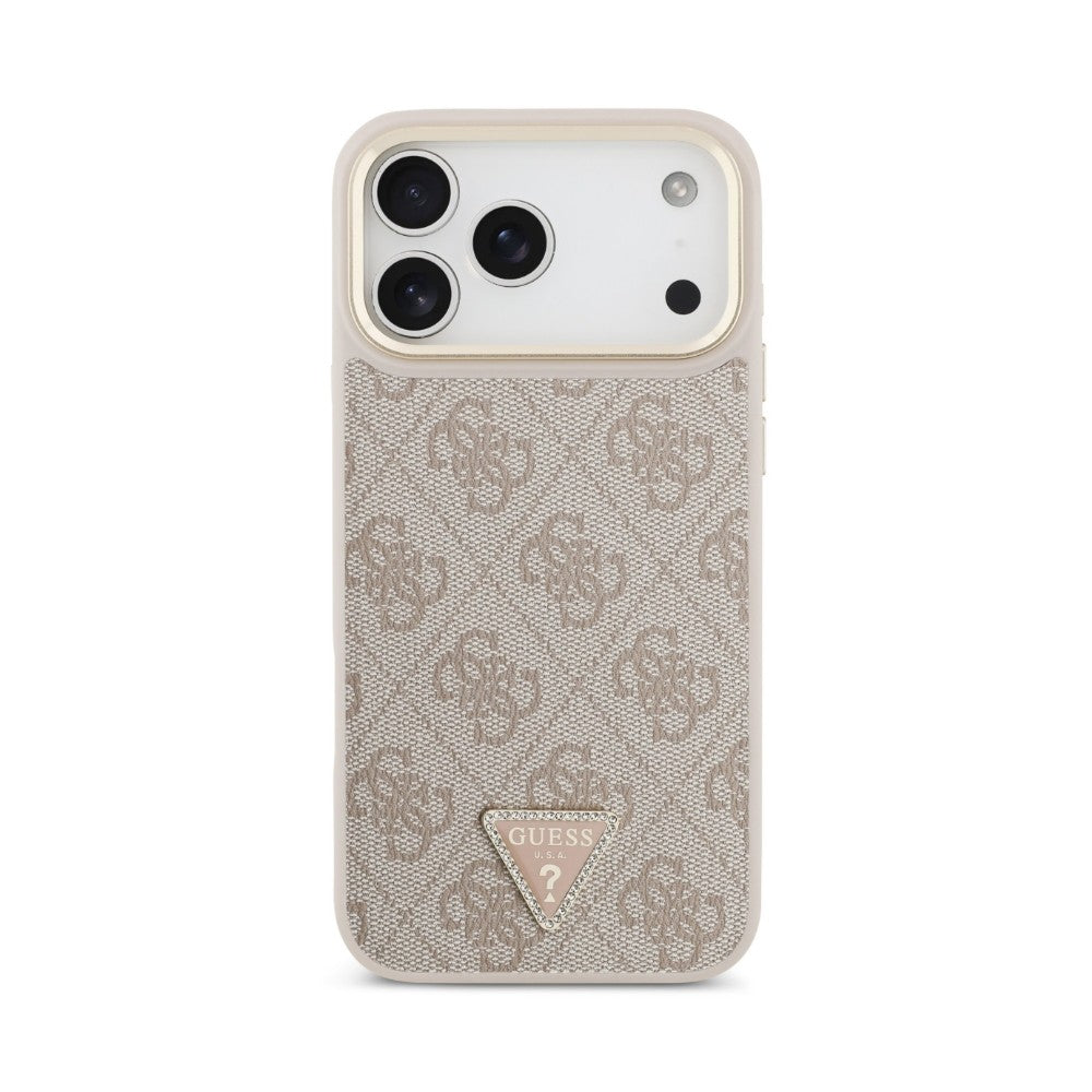 Dėklas Guess PU Leather 4G Strass Triangle Logo Gold Frame MagSafe Apple iPhone 18 Pro rožinis