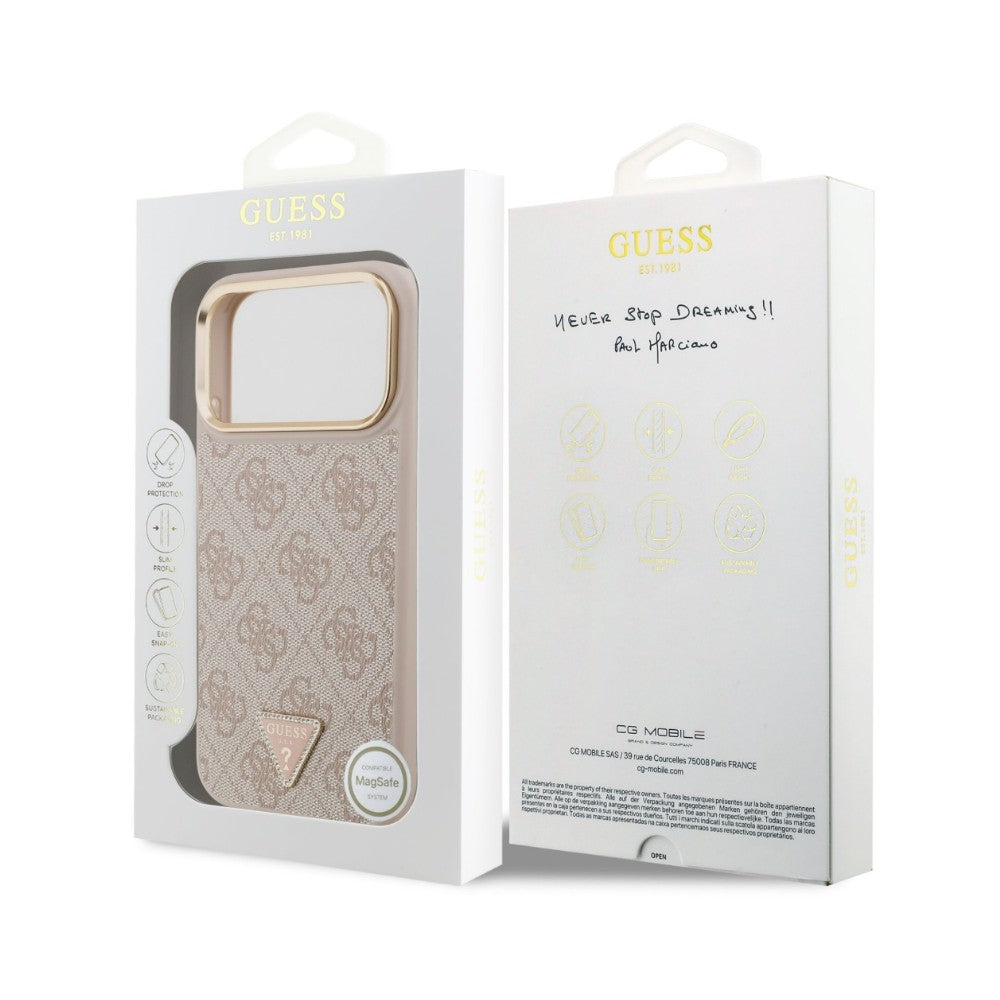 Dėklas Guess PU Leather 4G Strass Triangle Logo Gold Frame MagSafe Apple iPhone 18 Pro rožinis