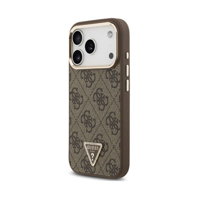 Dėklas Guess PU Leather 4G Strass Triangle Logo Gold Frame MagSafe Apple iPhone 18 Pro Max rudas