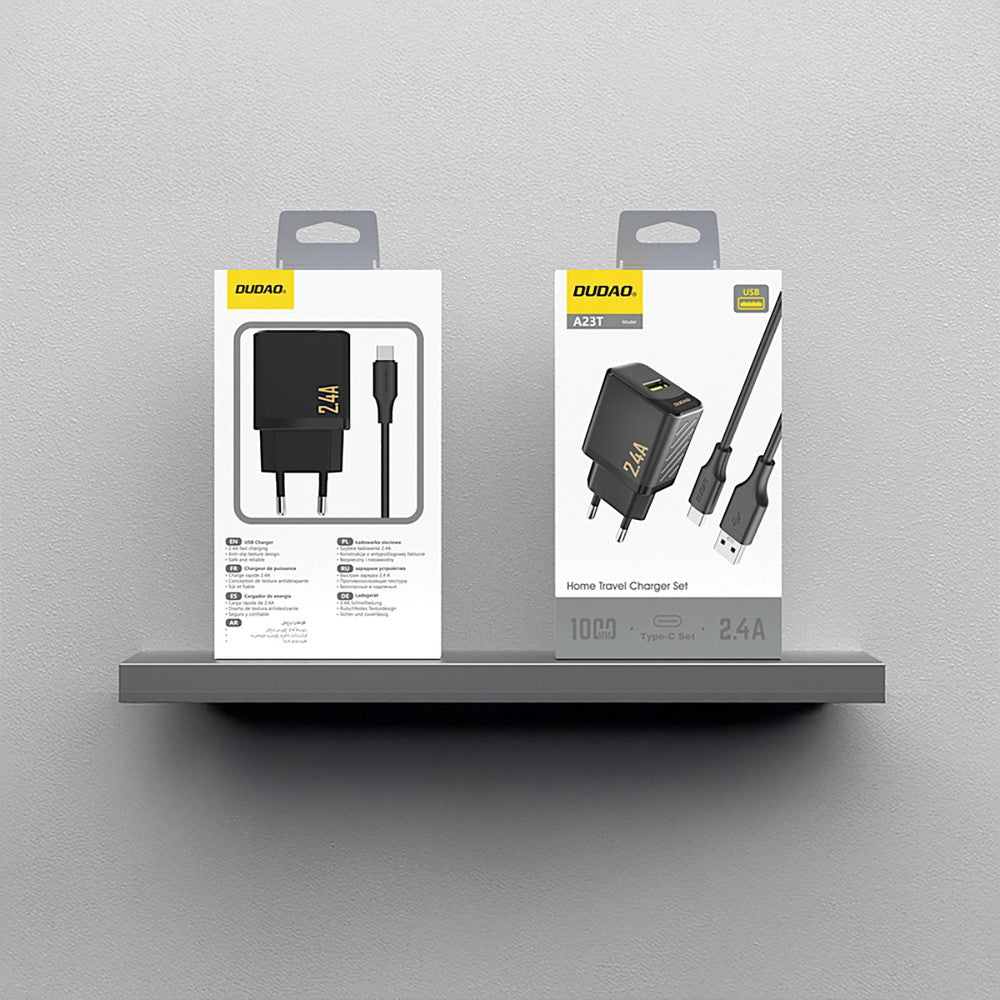 Įkroviklis Dudao A23T 12W USB-A + USB-A to USB-C cable 1.0m juodas