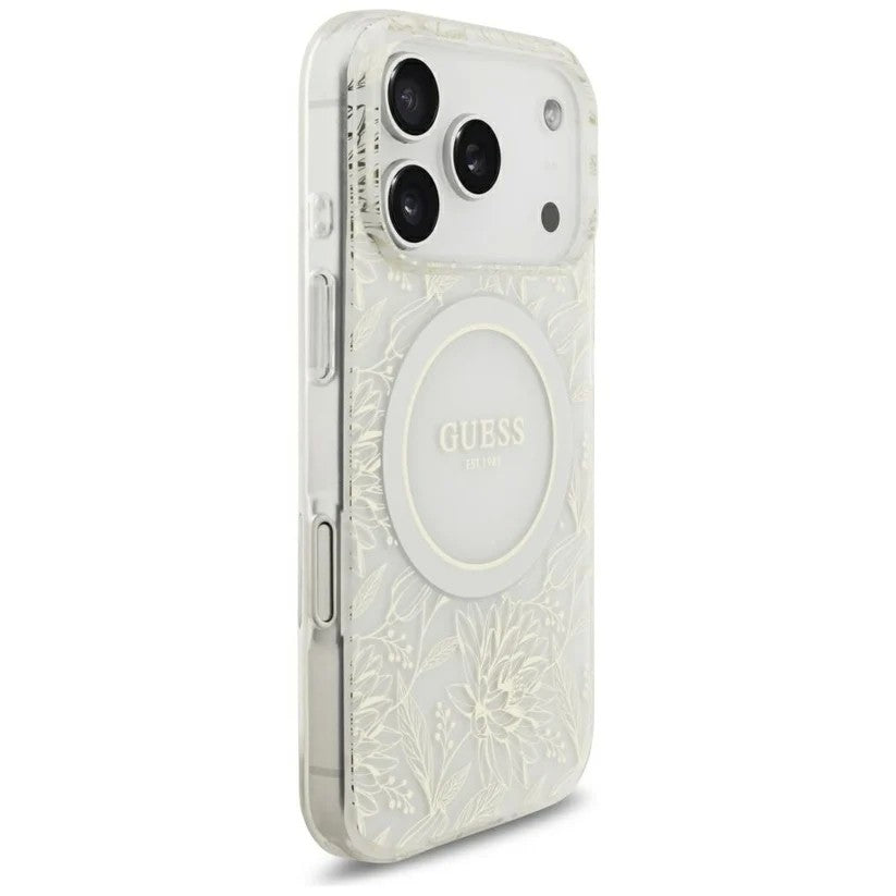 Dėklas Guess IML Flowers Allover Strap MagSafe Apple iPhone 18 Pro baltas