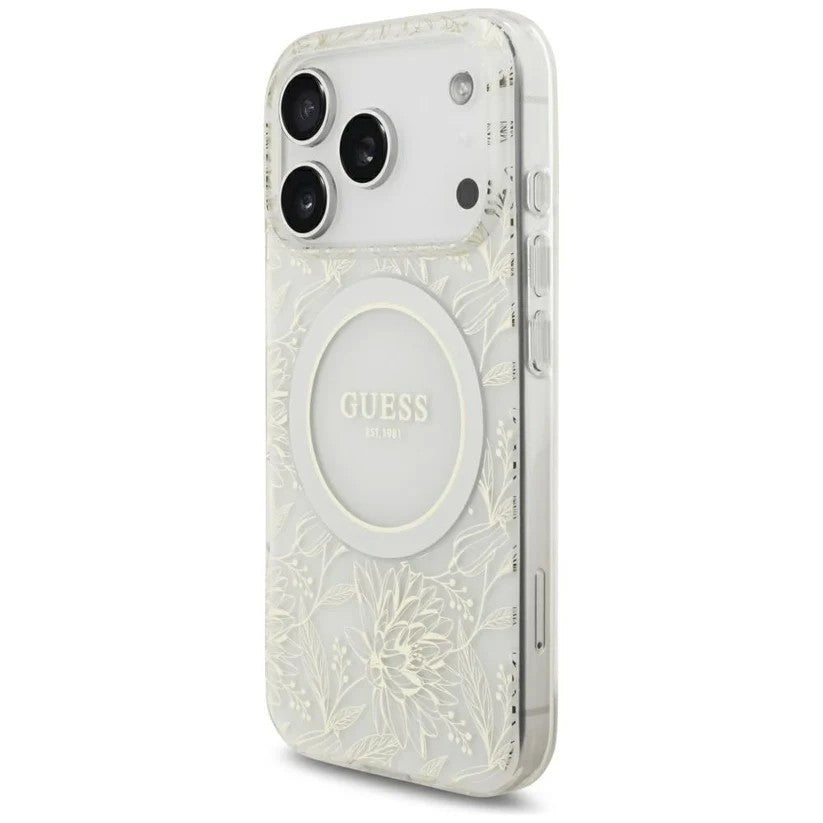 Dėklas Guess IML Flowers Allover Strap MagSafe Apple iPhone 18 Pro Max baltas