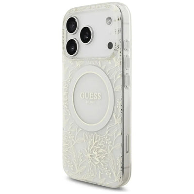 Dėklas Guess IML Flowers Allover Strap MagSafe Apple iPhone 18 Pro Max baltas