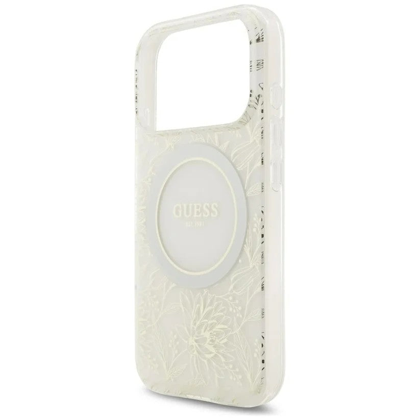 Dėklas Guess IML Flowers Allover Strap MagSafe Apple iPhone 18 Pro Max baltas